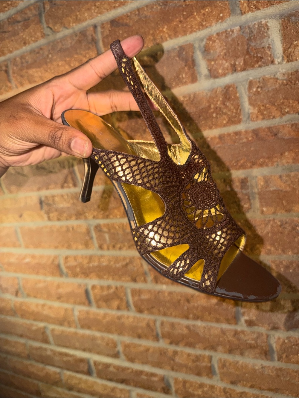 Ann Marino Brown Crochet Slingback Heels with Gold Lining - Picture 2 of 5